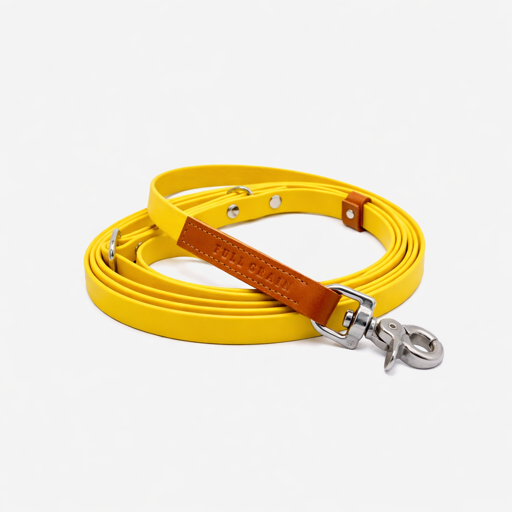 Yellow dog leash with brown leather handle on a white background
